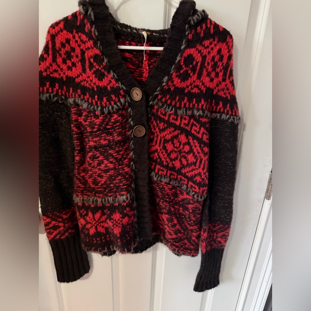 Free People Nordic Patterned Wool Hooded Cardigan Sweater Medium - Picture 2 of 4